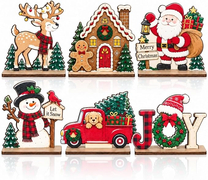 Vintage Wooden Christmas Table Decorations – 6 Piece Set